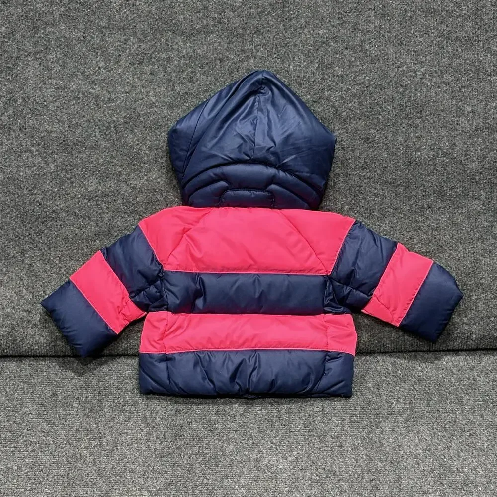 Ralph Lauren Jacket Infant Girls 3M Pink Navy Striped Hooded Down Puffer Winter